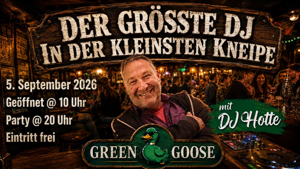 Plakat: Der größte DJ in der kleinsten Kneipe – Schlagerparty mit DJ Hotte am 5. September 2026, Party ab 20 Uhr, Eintritt frei