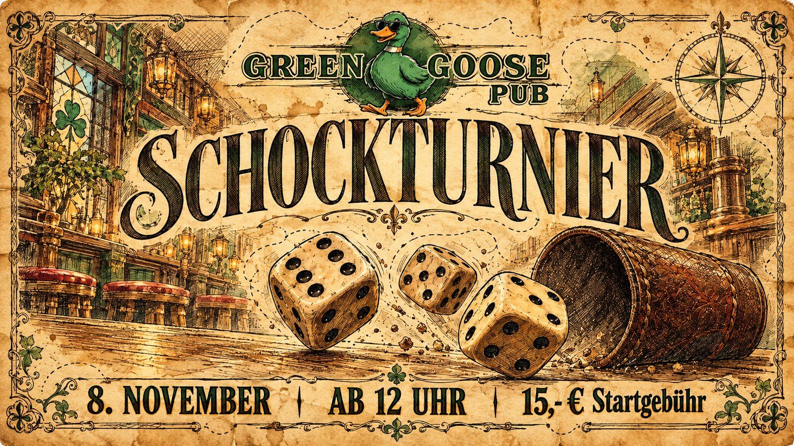 Plakat: Schockturnier im Green Goose Pub am 8. November ab 12 Uhr, 15 Euro Startgebühr